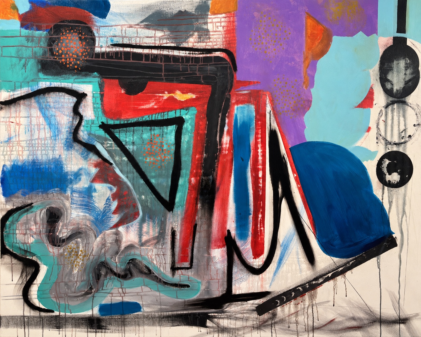 Oh! I Like This, an abstract painting with turquoise, red, cobalt blue and lavender shapes, expressive black lines and layered marks