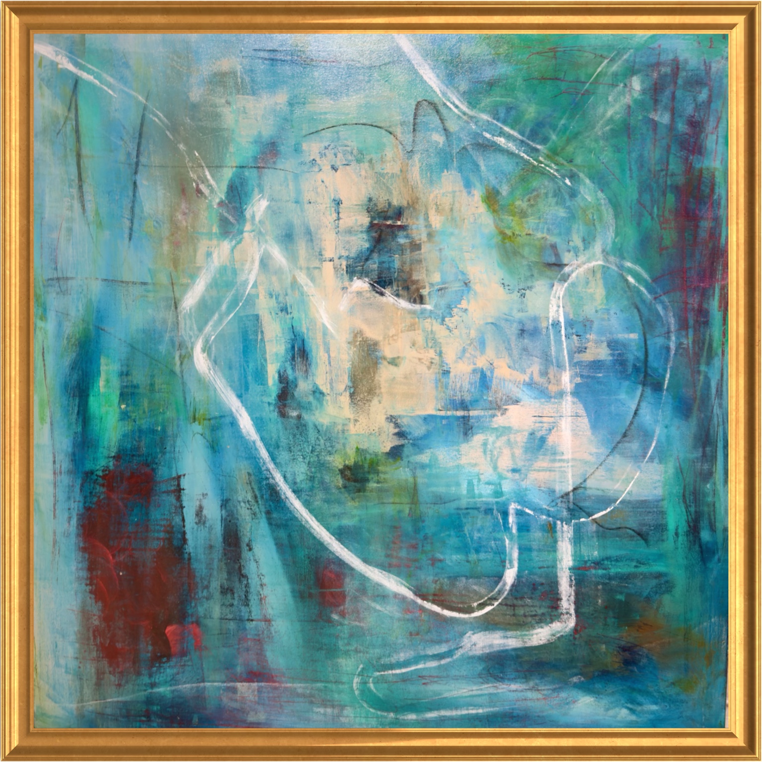 The Void by Chase Bowers, a square abstract painting with layered turquoise, blue, cream and burgundy, sweeping white lines and a gold frame
