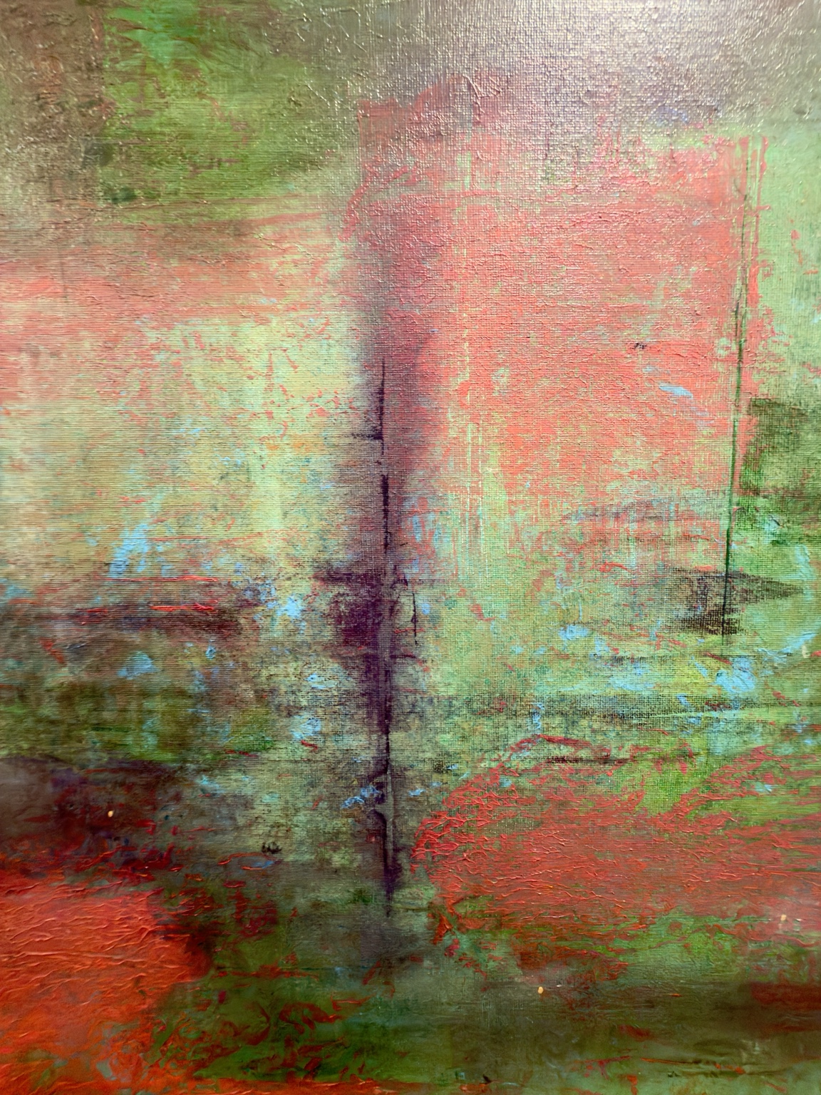 Close detail of Unsaid, showing layered coral, green and turquoise acrylic paint